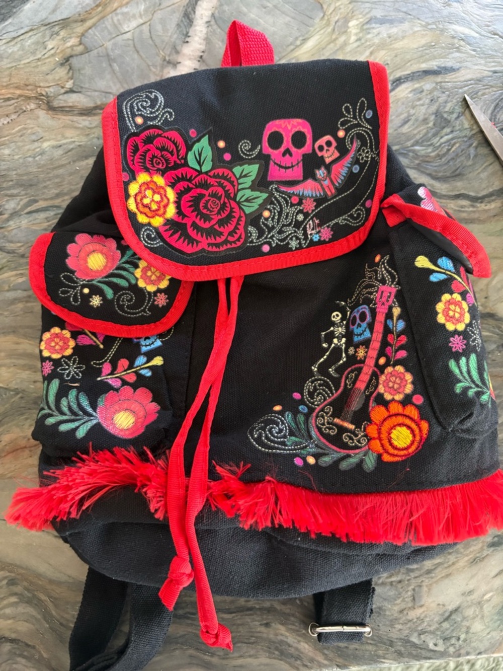 Coco Embroidered Floral Black Crossbody Bag with Red Trim